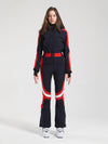 Women's Gsou Snow Retro Belted Stripe Flare One Piece Ski Jumpsuit Snowsuits