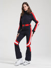 Women's Gsou Snow Retro Belted Stripe Flare One Piece Ski Jumpsuit Snowsuits