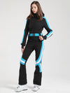 Women's Gsou Snow Retro Belted Stripe Flare One Piece Ski Jumpsuit Snowsuits
