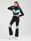 Women's Gsou Snow Retro Belted V Striped Flare Ski Jumpsuit