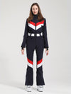 Women's Gsou Snow Retro Belted V Striped Flare Ski Jumpsuit