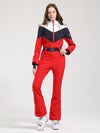 Women's Gsou Snow Retro Belted Color-Blocked Flare Ski Suit One Piece