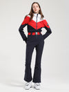 Women's Gsou Snow Retro Belted Color-Blocked Flare Ski Suit One Piece