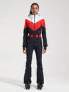 Women's Gsou Snow Retro Belted Color-Blocked Flare One Piece Jumpsuit Snowsuit