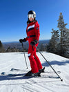 Women's Gsou Snow Retro Belted V Striped Flare Ski Jumpsuit