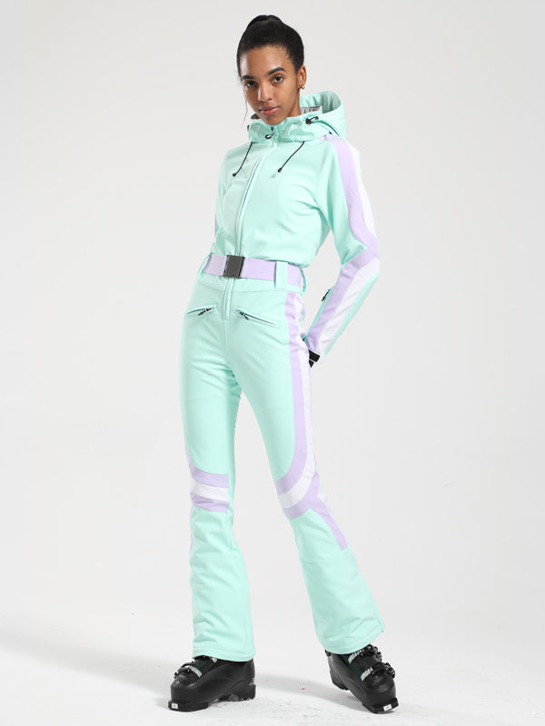 Women's Gsou Snow Retro Belted Stripe Flare Onesie Ski Suit