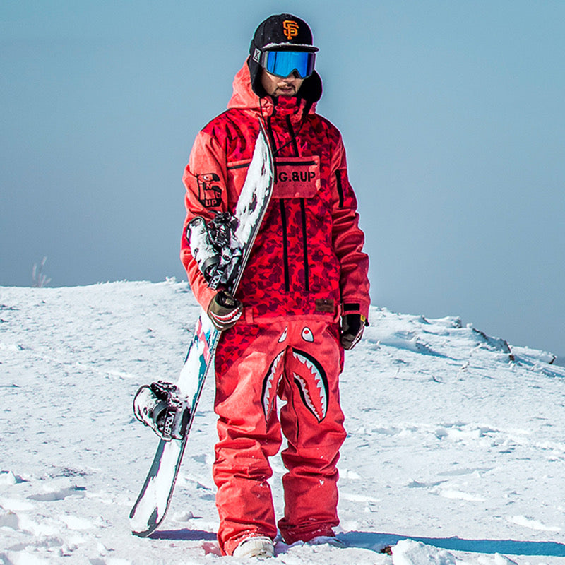 one piece salomon ski suits Dawnski Men's P-40 Fighter & Shark Conjoined One Piece Snowboard Suits